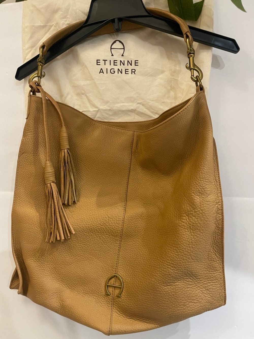 Etienne Aigner Cognac Leather Tassel Hobo Bag.Etienne Aigner Leather Large Tote